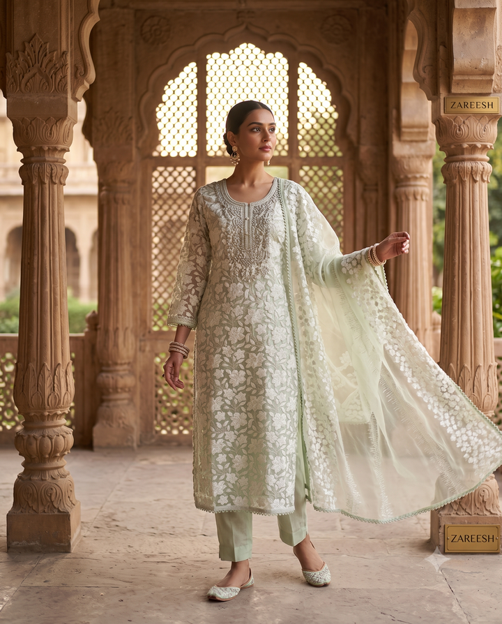 Mint Green Organza Unstitched Suit | White Floral Applique | Sequin Moti Bead Neckline & Four-Sided Lace Chiffon Dupatta Women's Suit