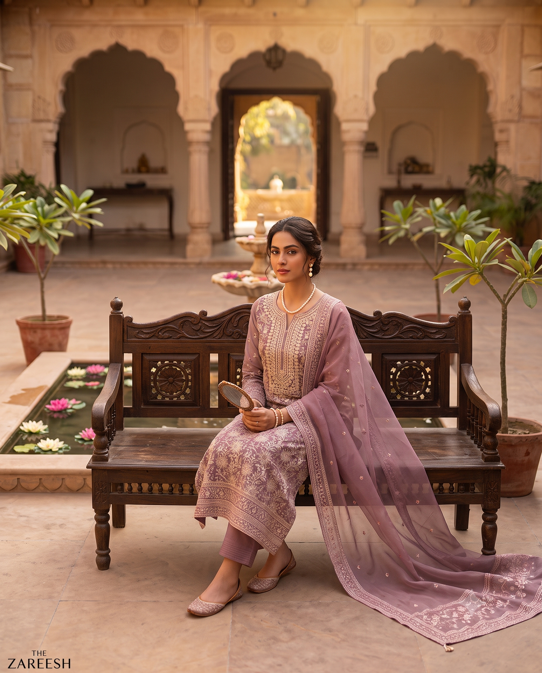 Dusty Mauve Mul Chanderi Suit with Ivory Resham Embroidery & Tassel Neckline