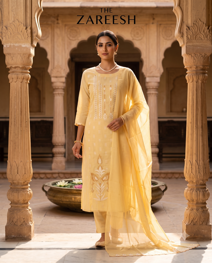Light Yellow Cotton Unstitched Suit | White Applique Neckline & Hemline | Cutwork Mul Cotton Dupatta Women's Suit