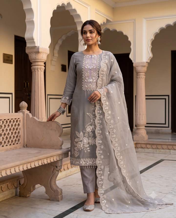 Fog Grey Marble Chiffon Heavy Embroidered Unstitched Suit with Cutwork Dupatta