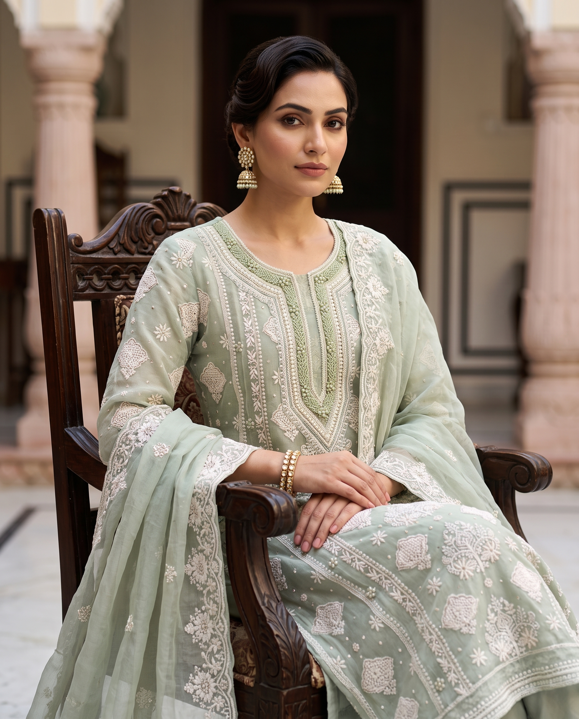 Sage Green Heavy Chikankari Wedding Wear Unstitched Suit Set with Moti Work