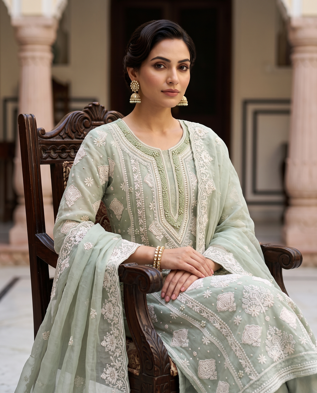 Sage Green Heavy Chikankari Wedding Wear Unstitched Suit Set with Moti Work