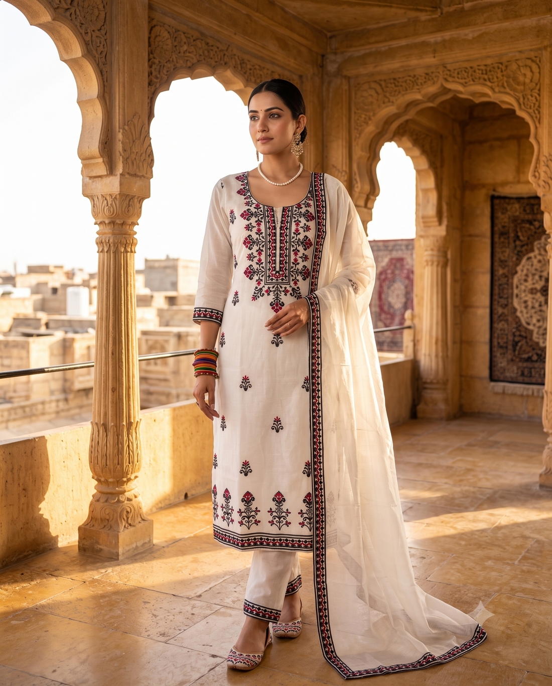 White Mul Chanderi Unstitched Suit | Black Applique & Red Thread Geometric Motifs | Embroidered Neckline Panel & Geometric Border Dupatta Women's Suit
