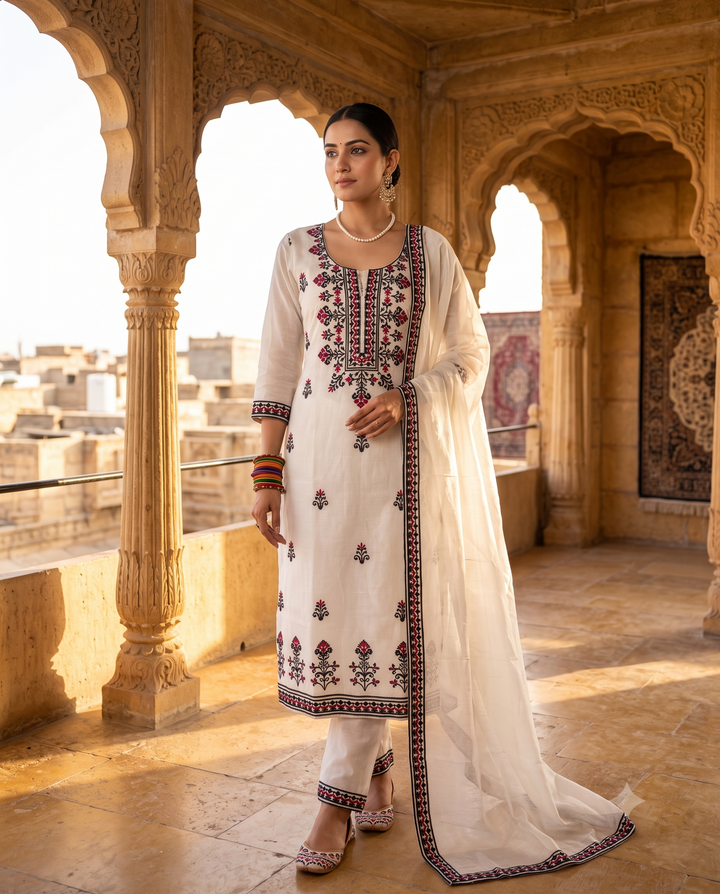 White Mul Chanderi Unstitched Suit | Black Applique & Red Thread Geometric Motifs | Embroidered Neckline Panel & Geometric Border Dupatta Women's Suit