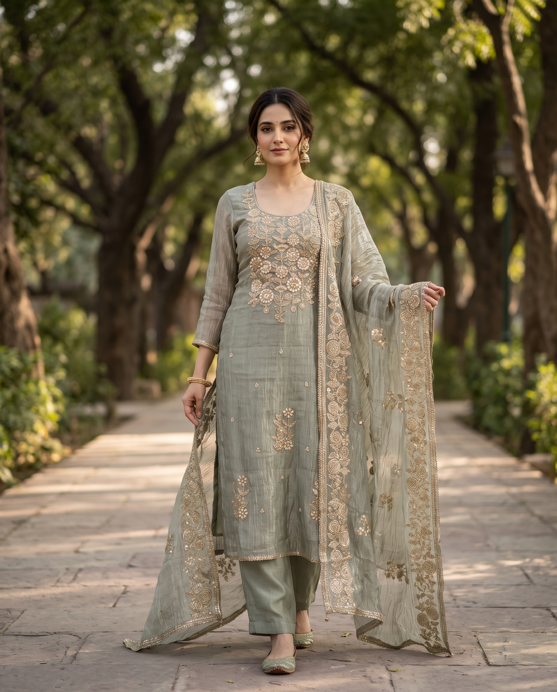 Pastel Green Crush Tissue Unstitched Suit with Pitta Work Neckline