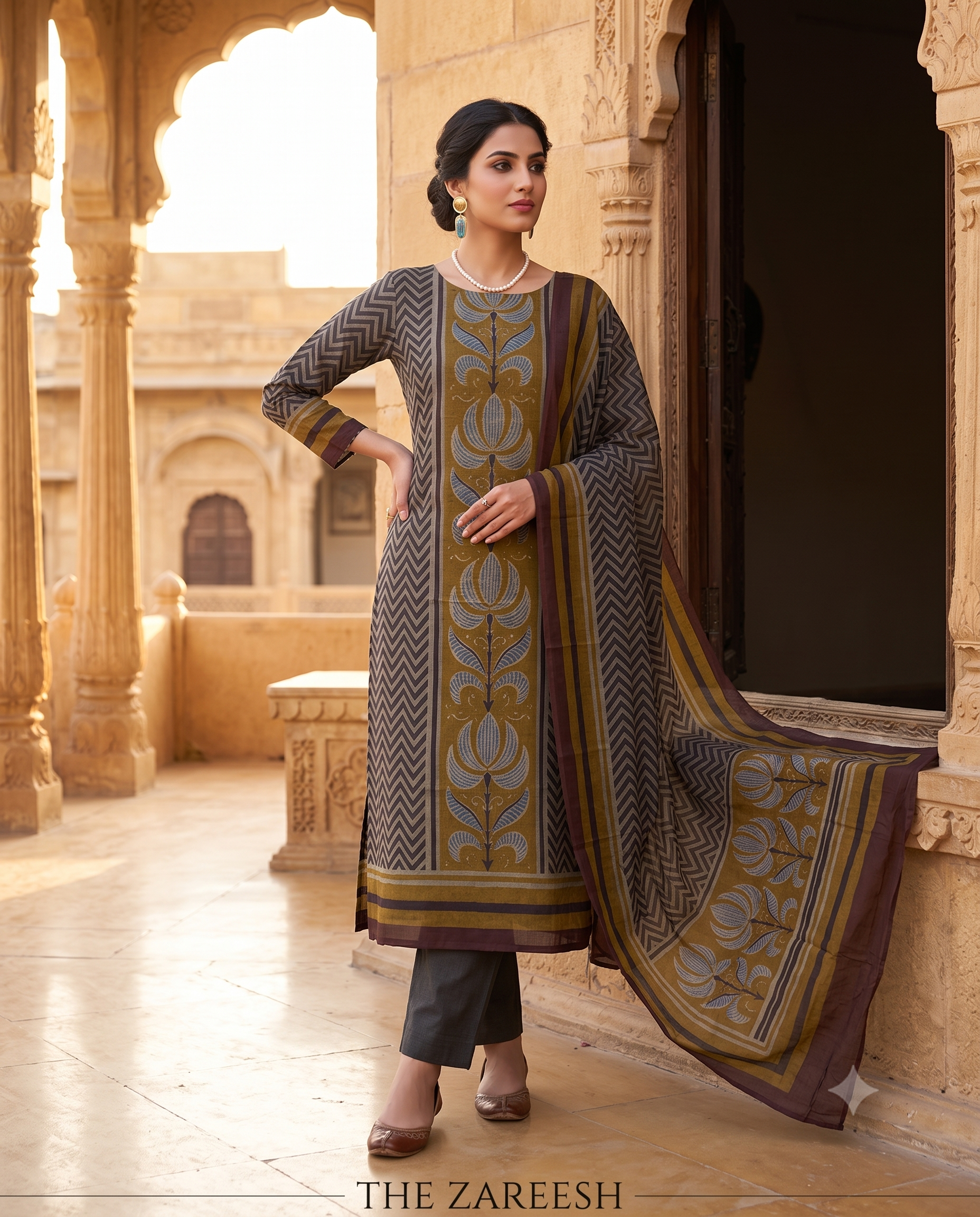 Charcoal Grey Mul Cotton Unstitched Suit | Large Floral Front Panel & Zigzag Side Print | Zigzag & Floral Motif Dupatta Women's Suit