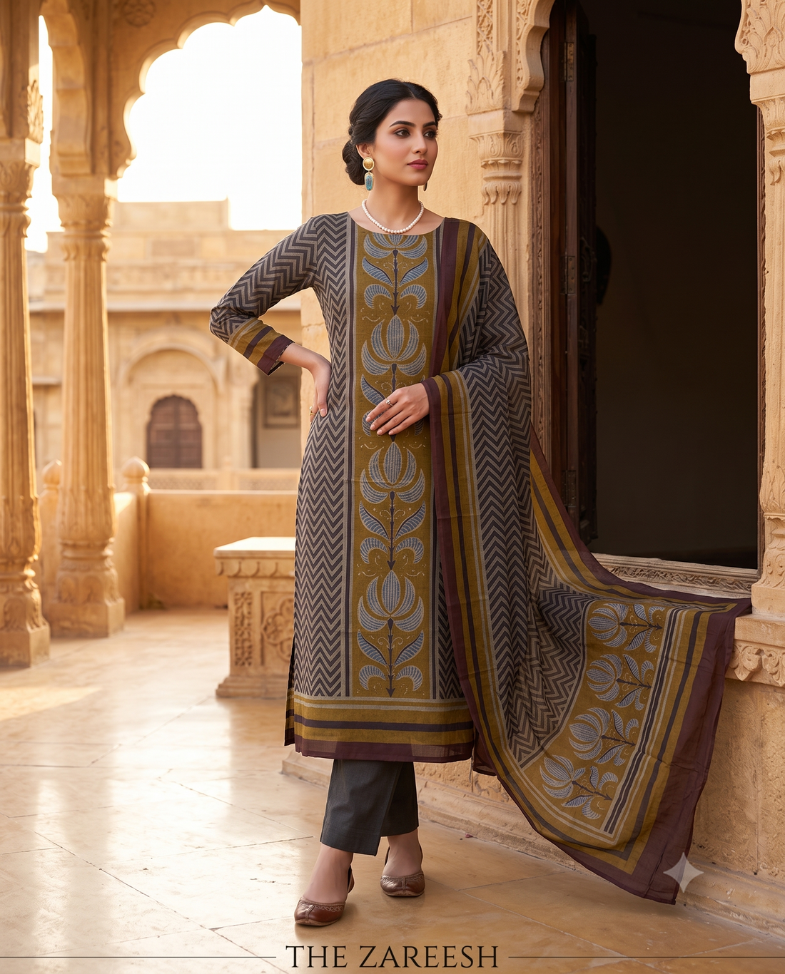 Charcoal Grey Mul Cotton Unstitched Suit | Large Floral Front Panel & Zigzag Side Print | Zigzag & Floral Motif Dupatta Women's Suit