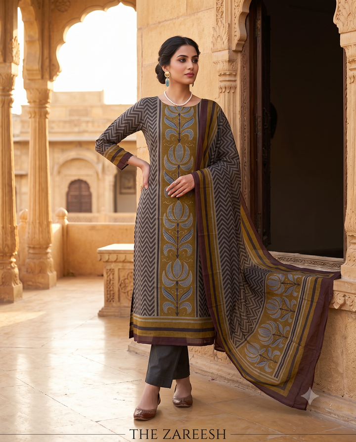 Charcoal Grey Mul Cotton Unstitched Suit | Large Floral Front Panel & Zigzag Side Print | Zigzag & Floral Motif Dupatta Women's Suit