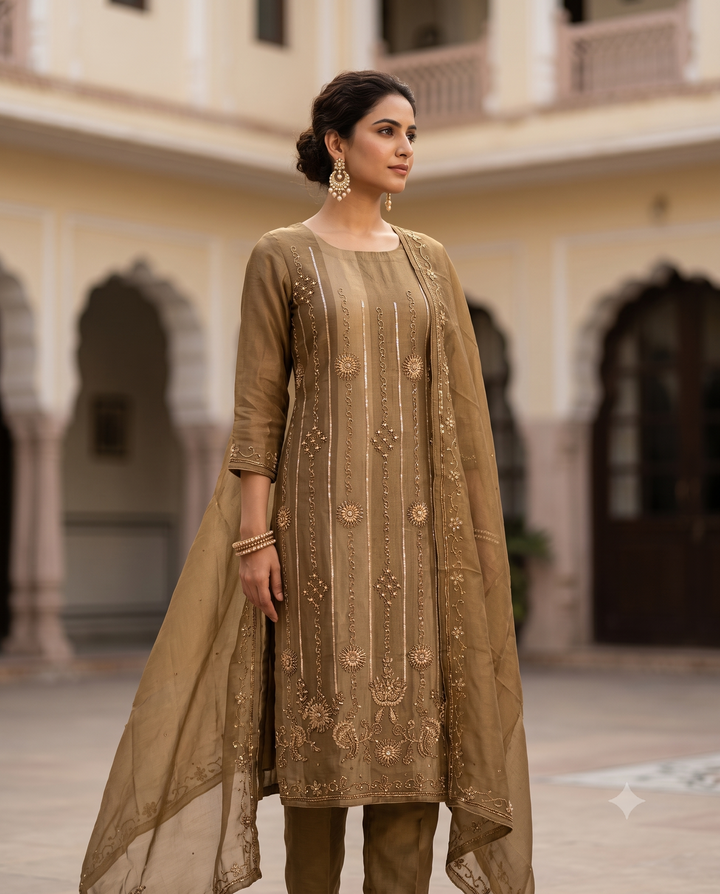 Metallic bronze Heavy Shimmer Tissue Wedding Wear Unstitched Suit Set