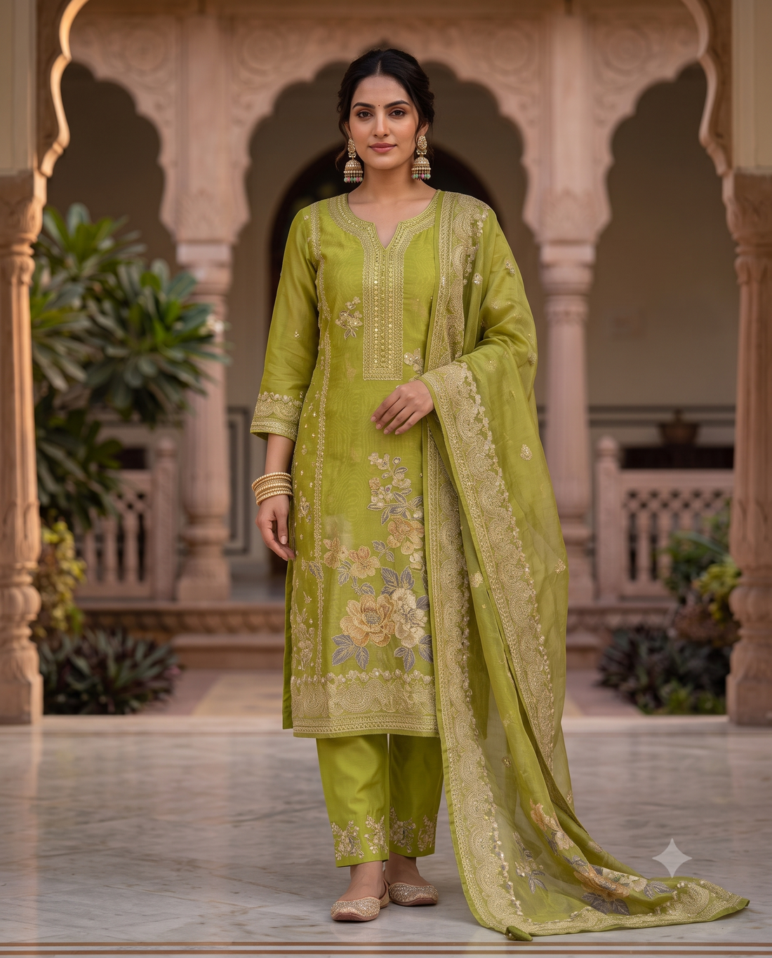 Bright Olive  Chanderi Floral Digital Print Suit Set with Zari & Sequin Work