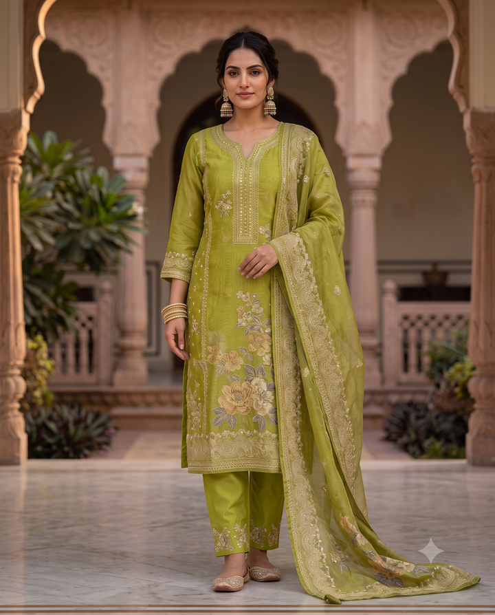 Bright Olive  Chanderi Floral Digital Print Suit Set with Zari & Sequin Work