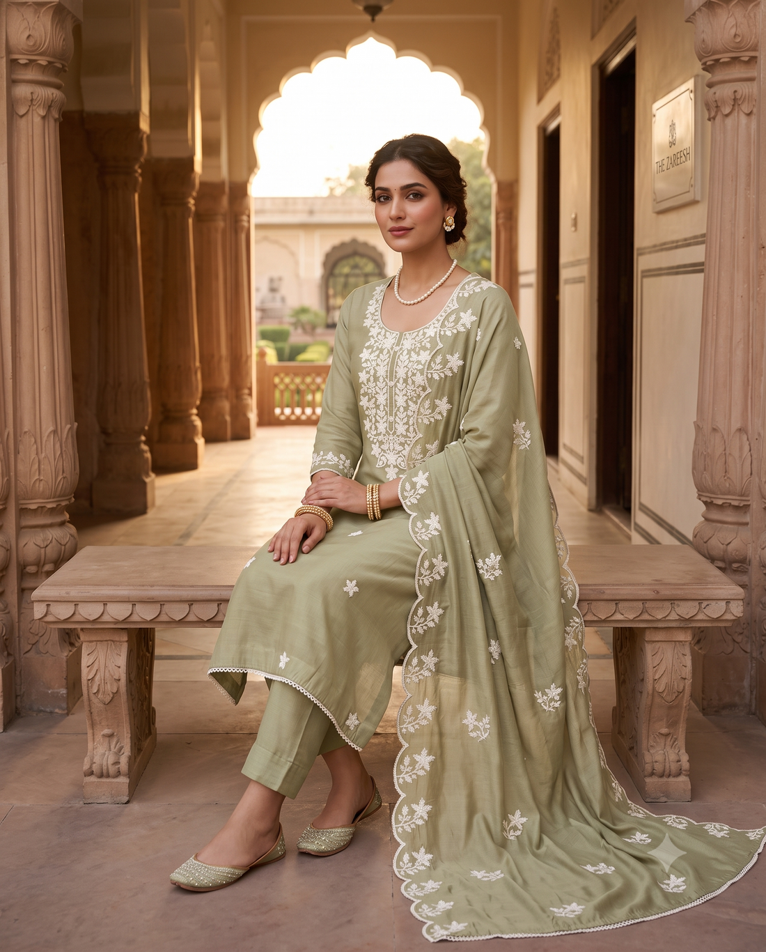 Pista Green Jaam Cotton Unstitched Suit | Crotia Embroidered Neckline & Floral Motifs | Crotia Embroidered Border Dupatta Women's Suit