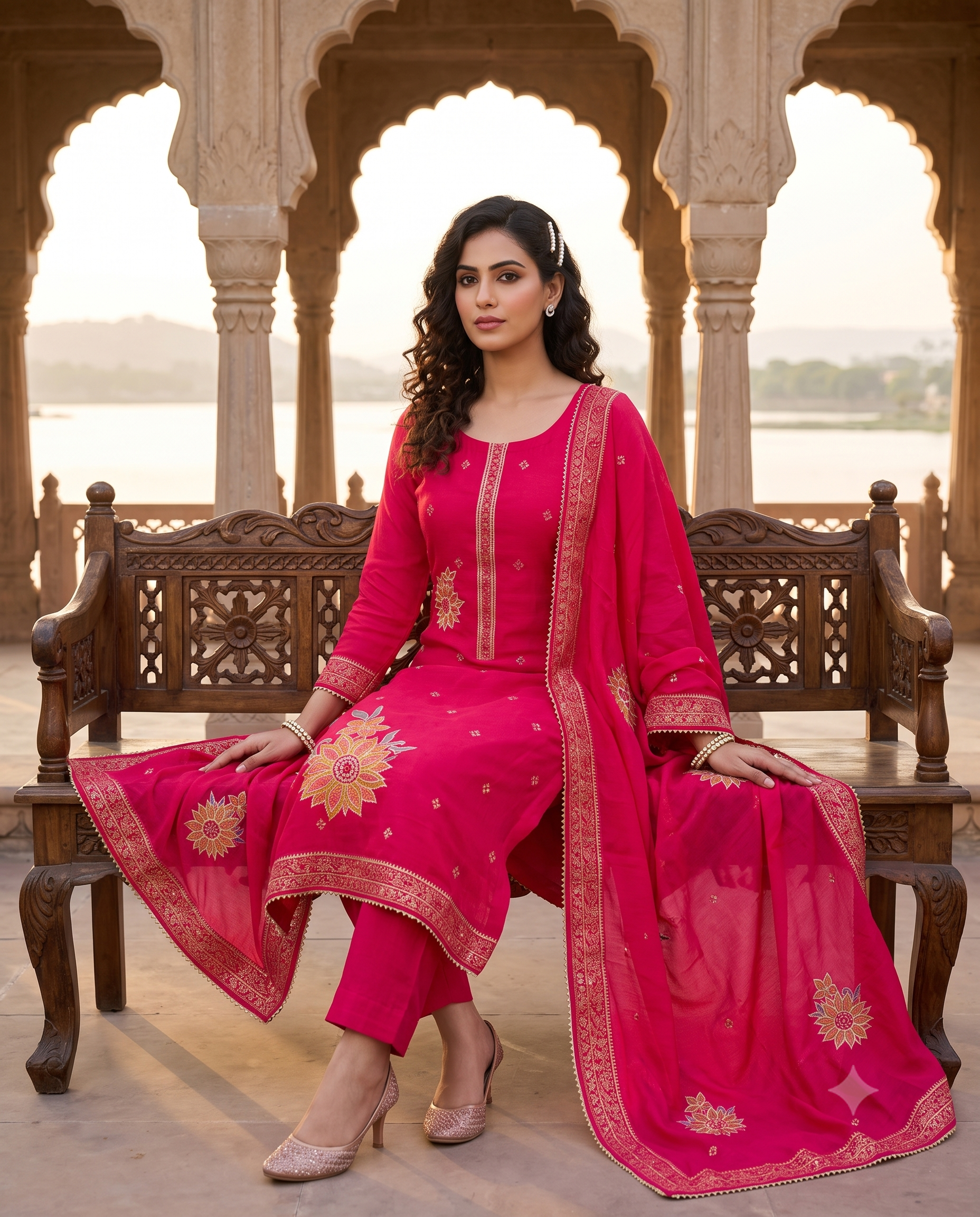 Hot Pink Linen Suit with Mirror Work & Applique Dupatta