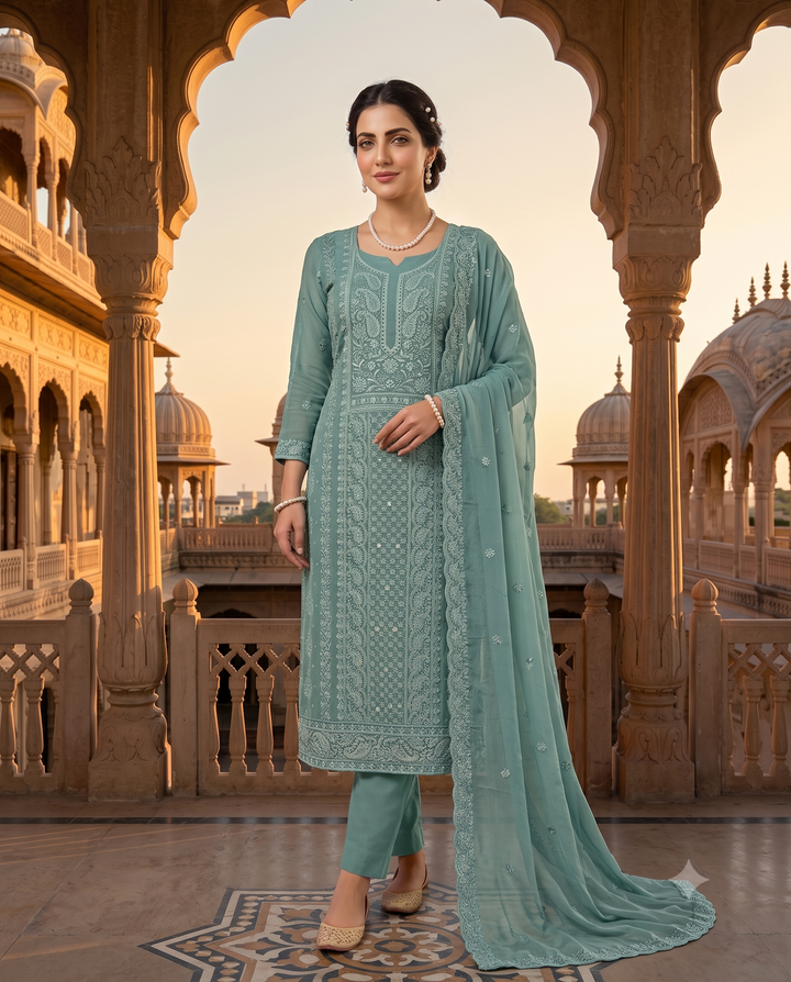 Dusty Blue Georgette Unstitched Suit | Chikankari Work | Moti Bead Sequin Neckline & Geometric Panel Women's Suit