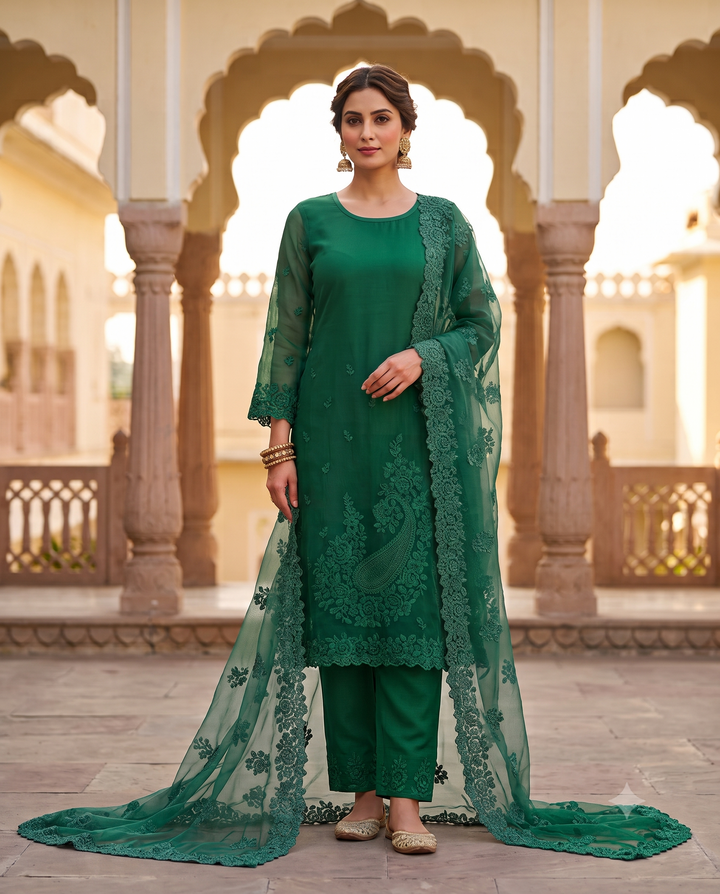 Emerald Green Glass Tissue Heavy Floral Thread Embroidered Unstitched Suit Set