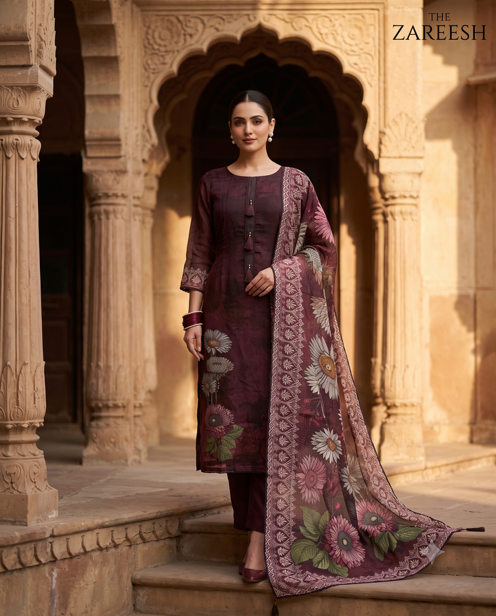 Deep Wine Silk Organza Unstitched Suit | Digital Multicolor Sunflower Print | Matching Printed Dupatta Women's Suit