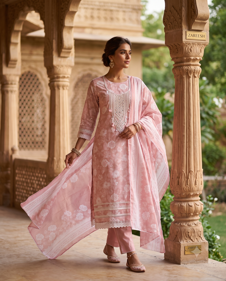 Dusty Pink Yellow Cotton Unstitched Suit | All-Over Floral Print | Mirror Work Sequin Moti Neckline & Lace Hemline Women's Suit