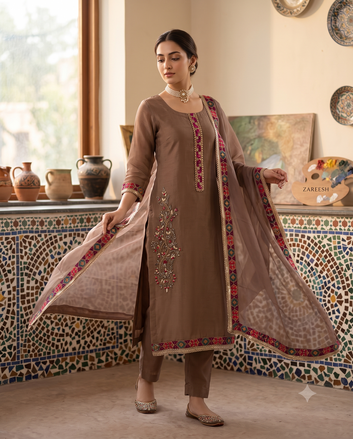 Mocha Brown Organza Unstitched Suit | Mirror Work Sequin Thread Embroidery | Magenta Neckline Patch & Mirror Lace Dupatta Women's Suit