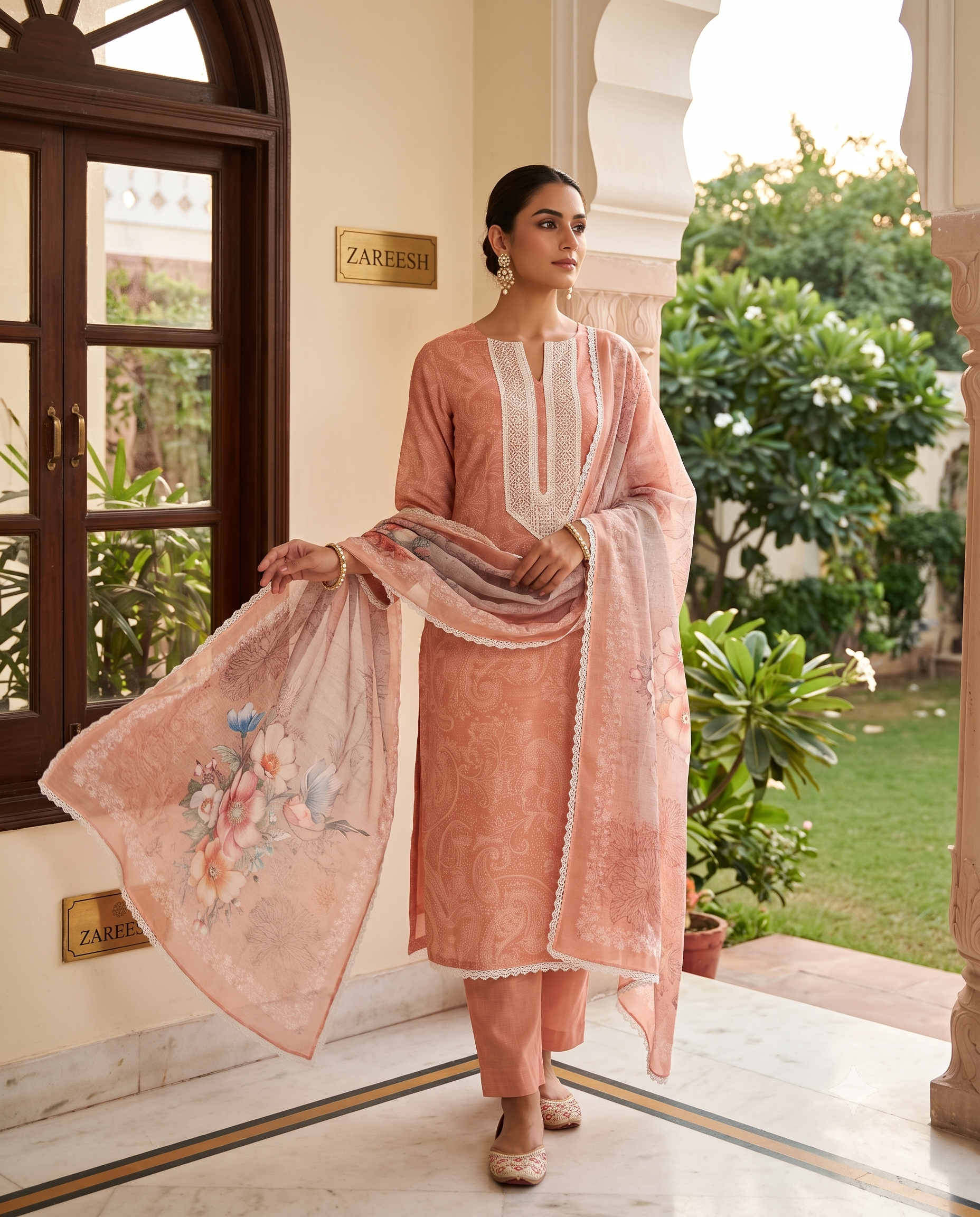 Peach Linen Unstitched Suit | All-Over Printed Impression | Crotia Lace Sequin Neckline & Floral Patch Dupatta Women's Suit