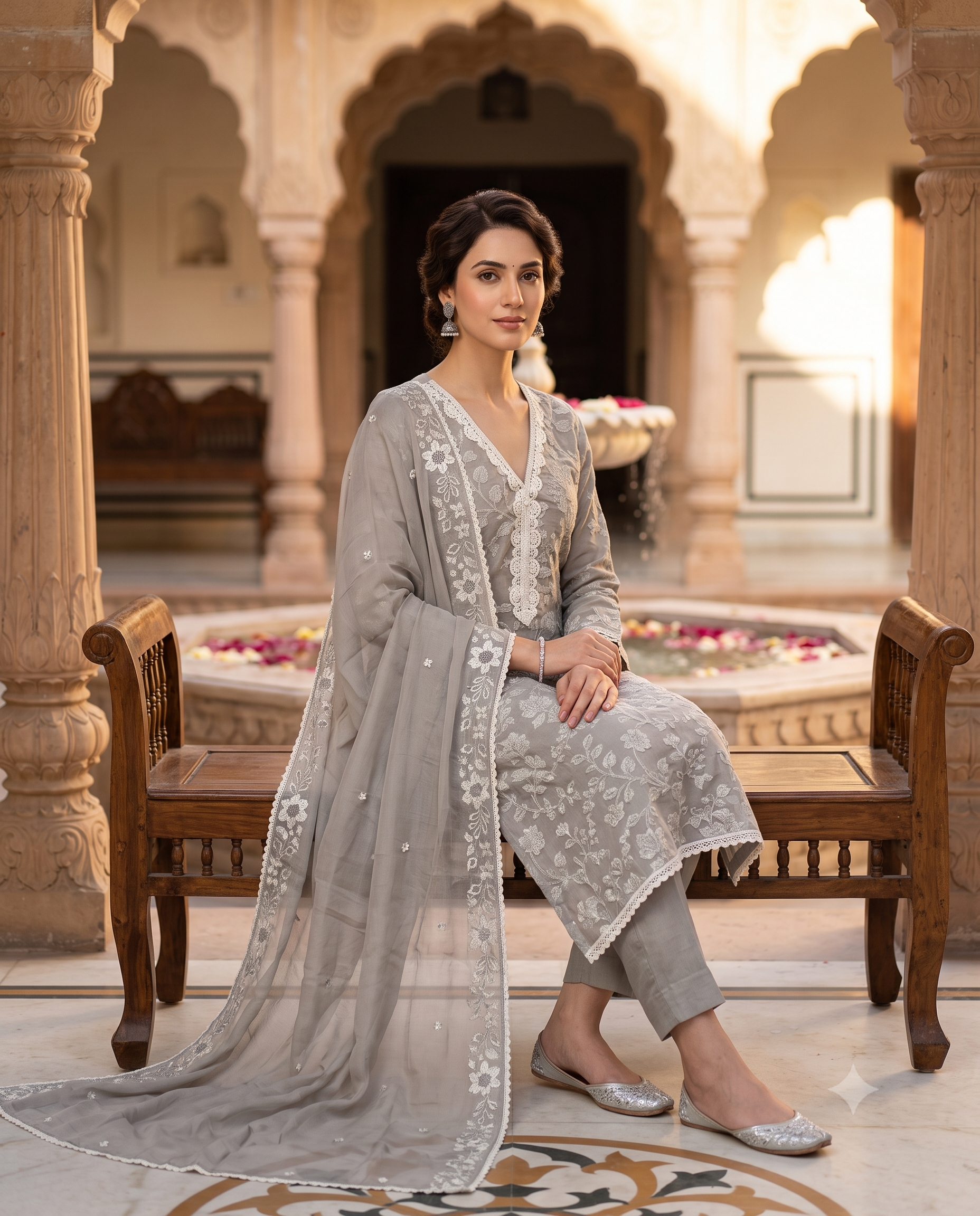 Grey Linen Unstitched Suit | Kalamkari Applique Work | V-Neck Cutdana & Bead Embellished Women's Suit (Copy) (Copy)