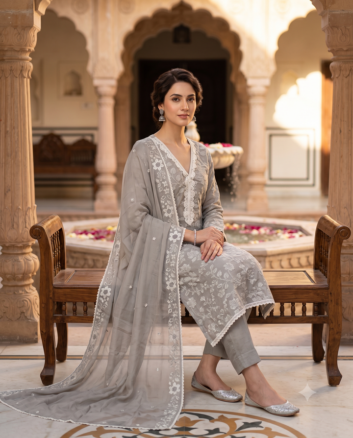 Grey Linen Unstitched Suit | Kalamkari Applique Work | V-Neck Cutdana & Bead Embellished Women's Suit (Copy) (Copy)