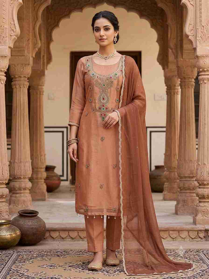 Rust Brown Simmar Tissue Unstitched Suit with Zardozi Embellished Neckline