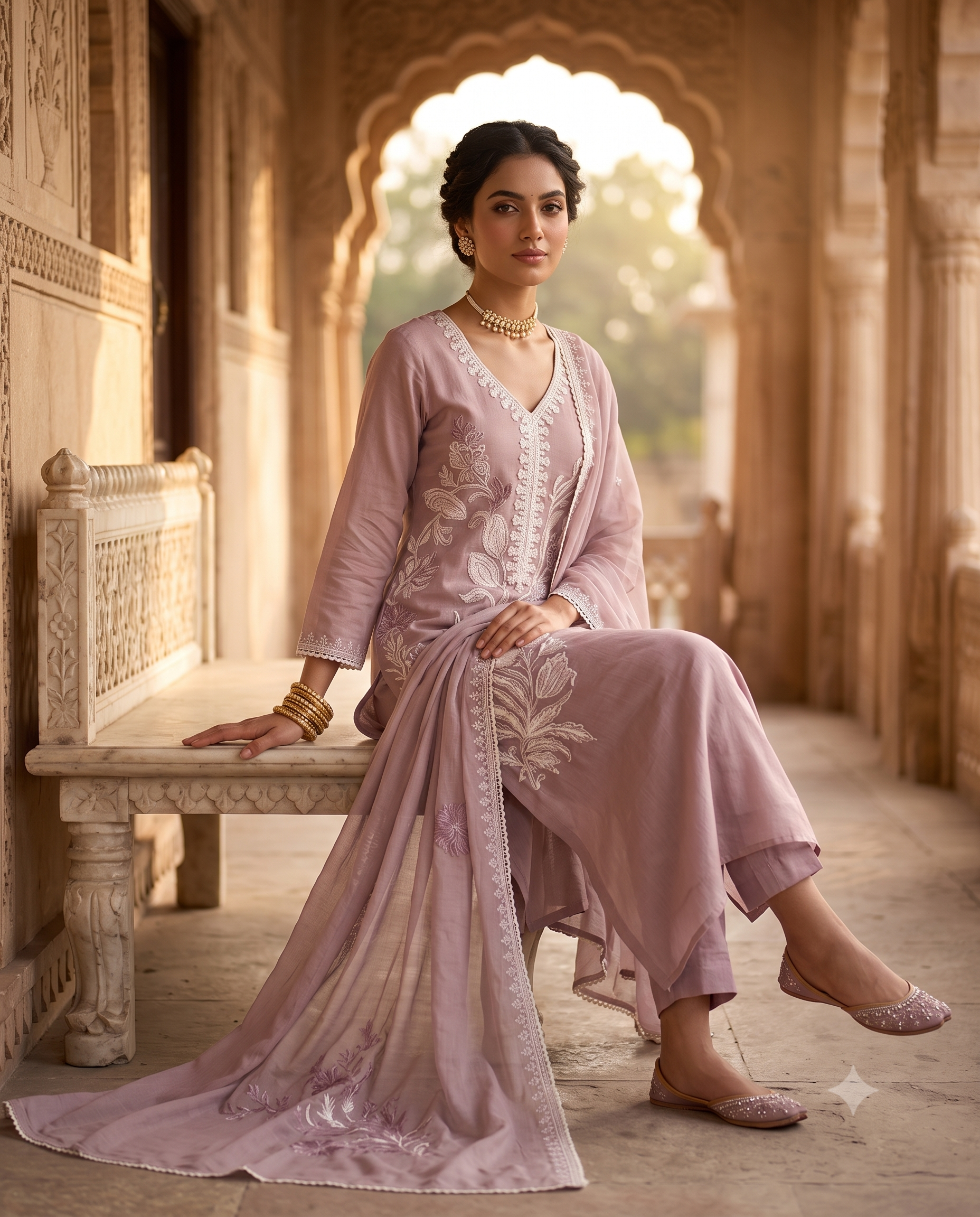 Dusty Rose Mauve Mul Cotton Unstitched Suit | White Floral Applique Neckline | Matching Applique Mul Cotton Dupatta Women's Suit