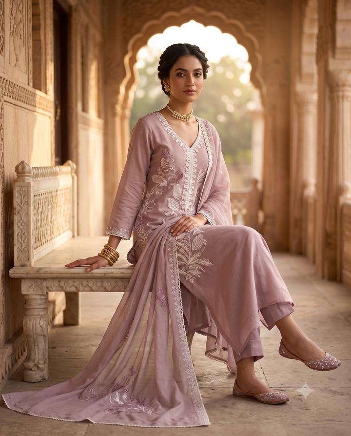 Dusty Rose Mauve Mul Cotton Unstitched Suit | White Floral Applique Neckline | Matching Applique Mul Cotton Dupatta Women's Suit