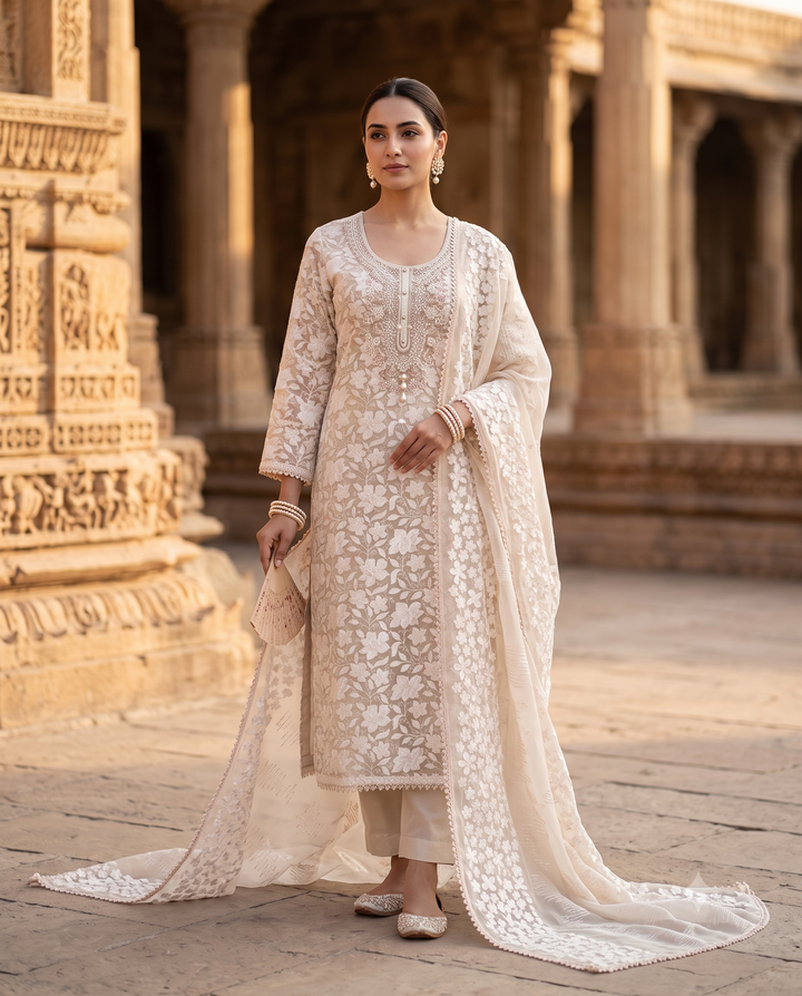 Champagne Organza Unstitched Suit | White Floral Applique | Sequin Moti Bead Neckline & Four-Sided Lace Chiffon Dupatta Women's Suit