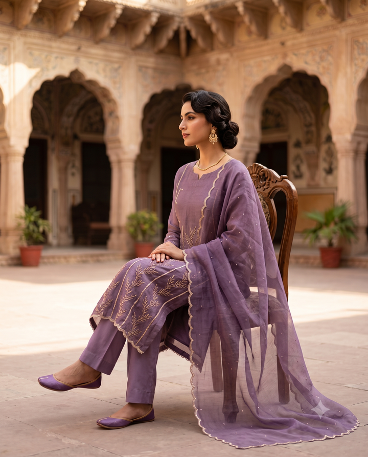 Purple Tissue Heavy Handwork Unstitched Suit with Opada Silk Bottom