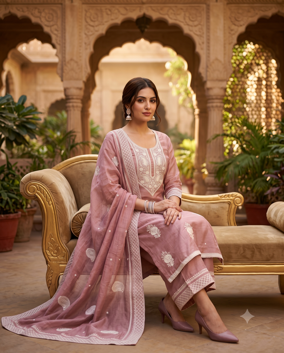 Dusty Rose Shimmer Tissue Chikankari Inspired Unstitched Suit Set