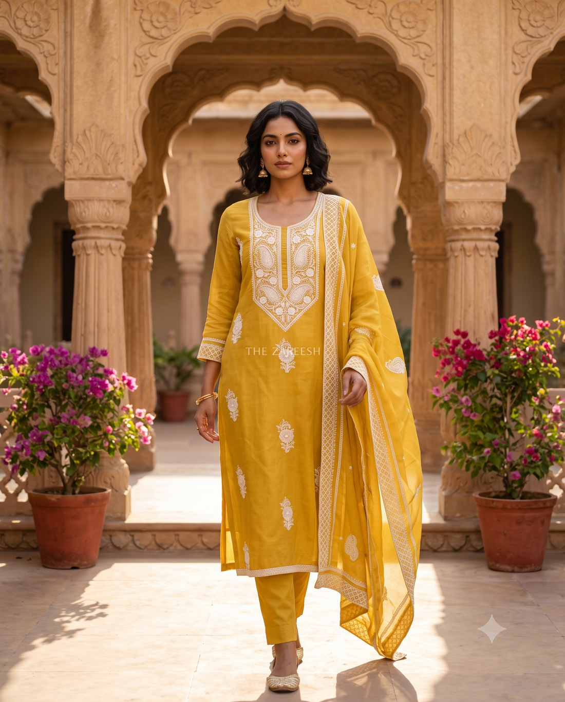 Mustard Shimmer Tissue Chikankari Inspired Unstitched Suit Set