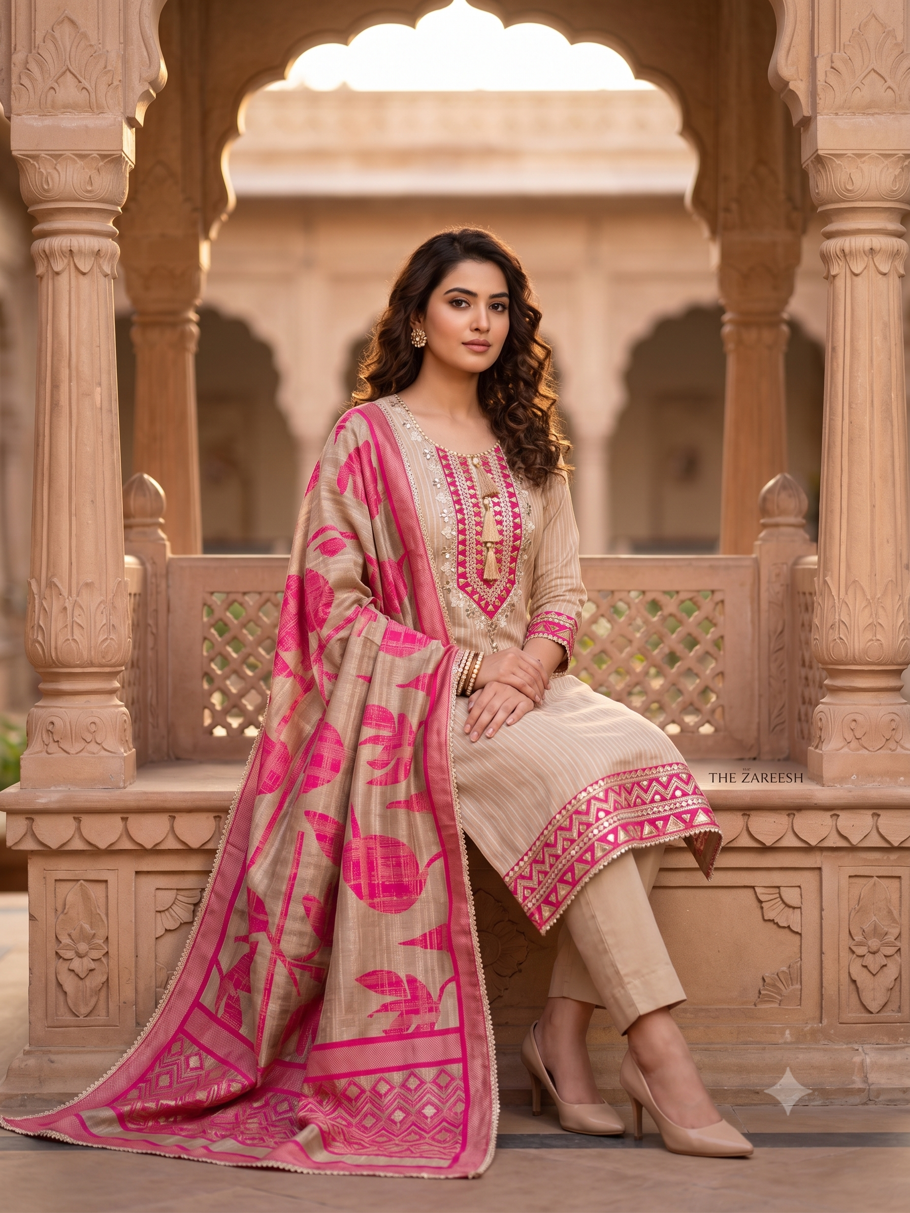 Beige & Pink Shimmer Organza Suit with Gotta Patti Embroidery