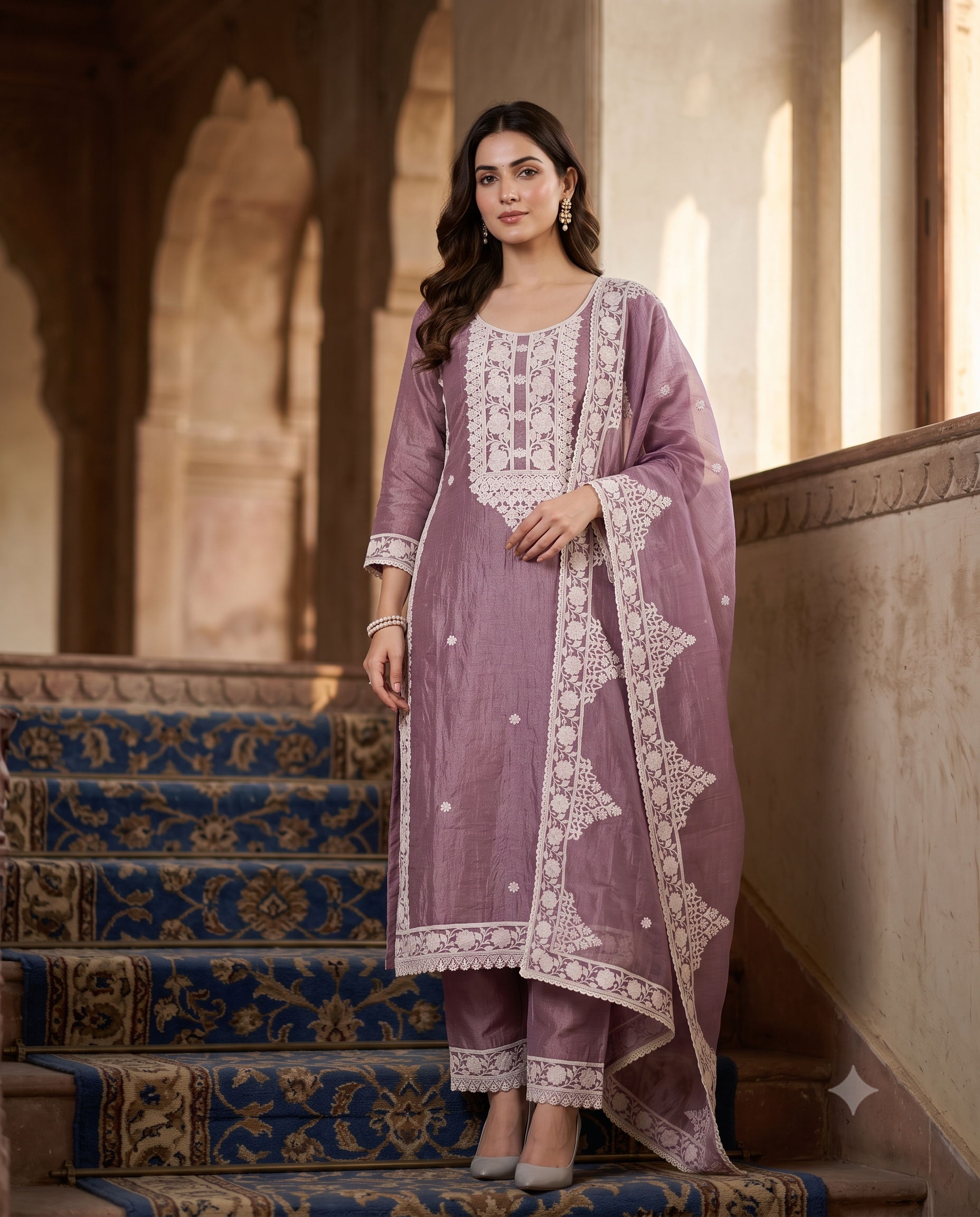 Soft Tissue Unstitched Suit with Thread work on Neck