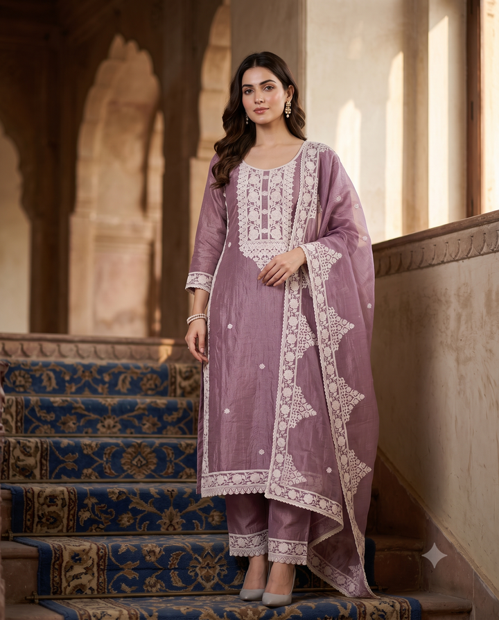 Soft Tissue Unstitched Suit with Thread work on Neck