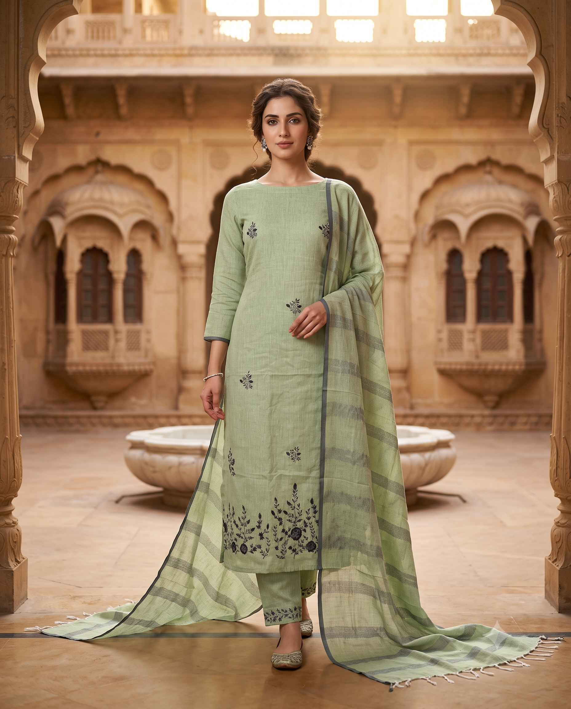 Mint green Pure Linen Unstitched Suit | Contrasting Thread Embroidery & Booties | Woven Linen Dupatta Women's Suit