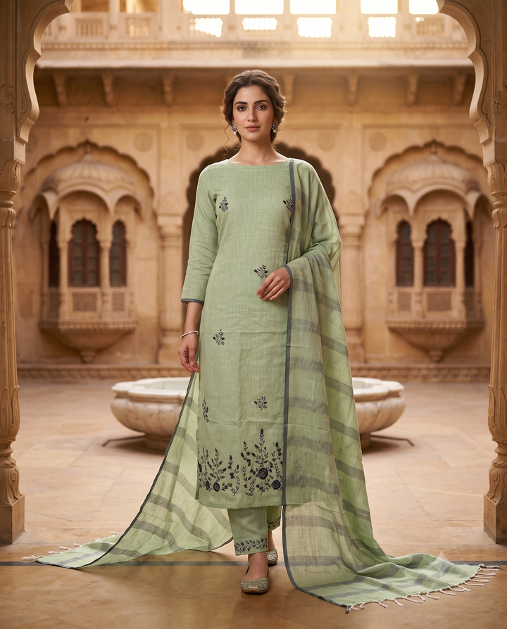 Mint green Pure Linen Unstitched Suit | Contrasting Thread Embroidery & Booties | Woven Linen Dupatta Women's Suit