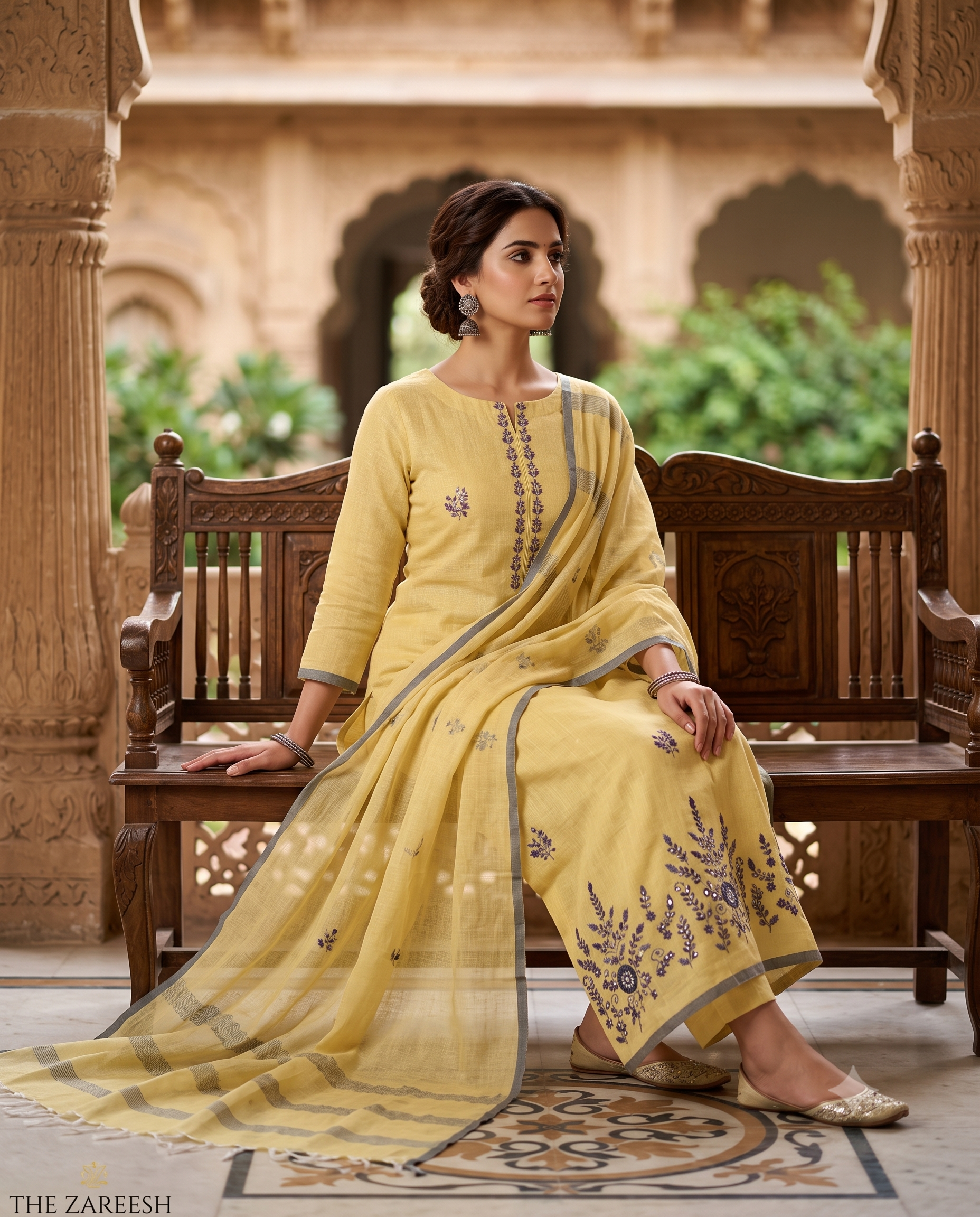 Yellow Pure Linen Unstitched Suit | Contrasting Thread Embroidery & Booties | Woven Linen Dupatta Women's Suit
