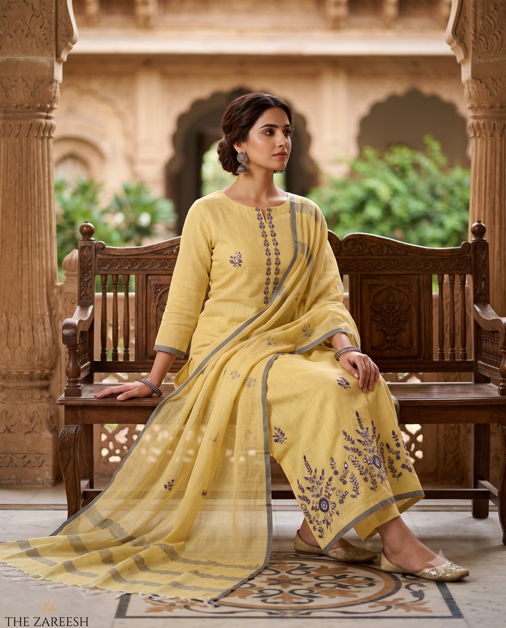 Yellow Pure Linen Unstitched Suit | Contrasting Thread Embroidery & Booties | Woven Linen Dupatta Women's Suit