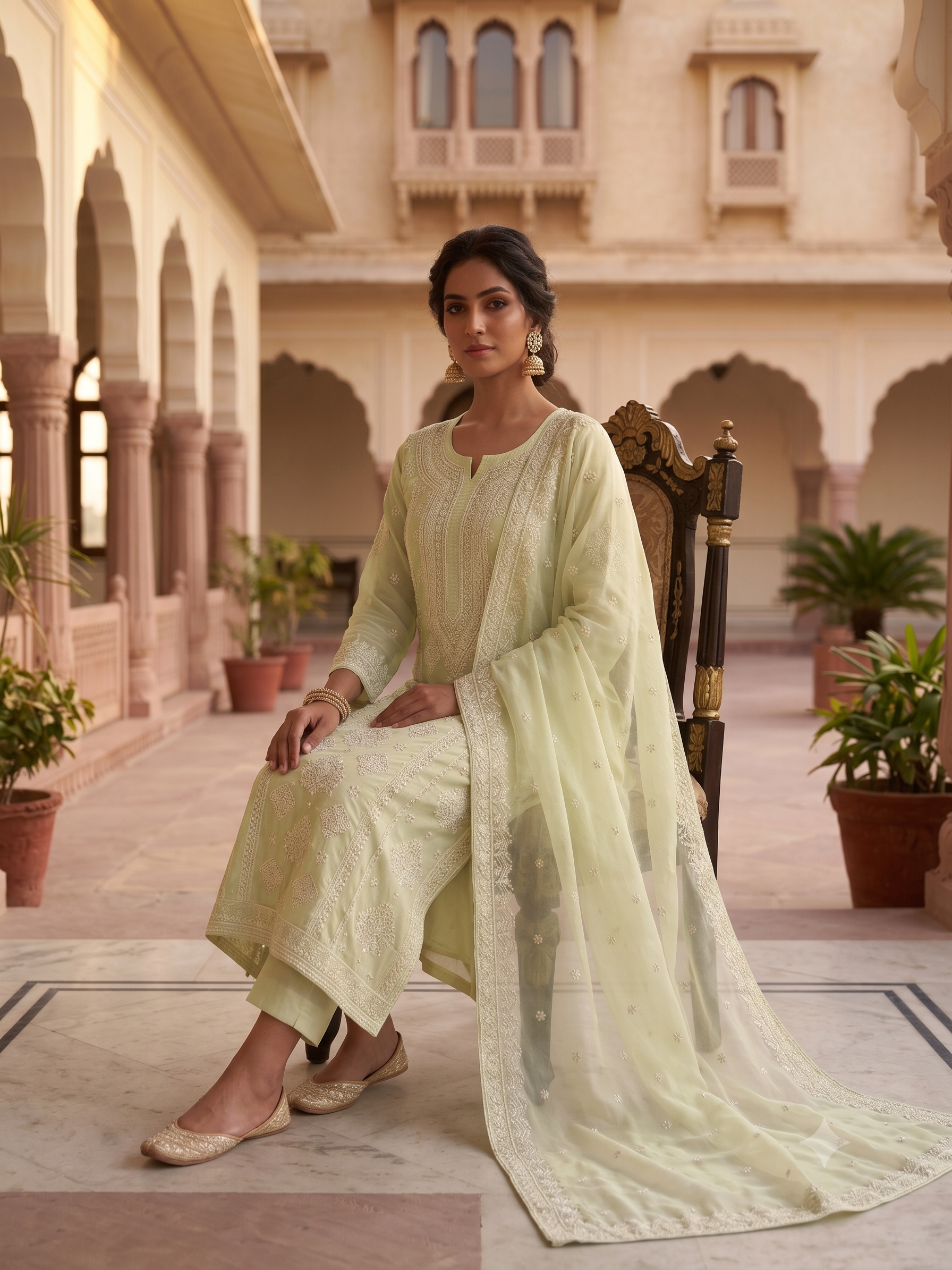 Mint Green Heavy Chikankari Wedding Wear Unstitched Suit Set with Moti Work