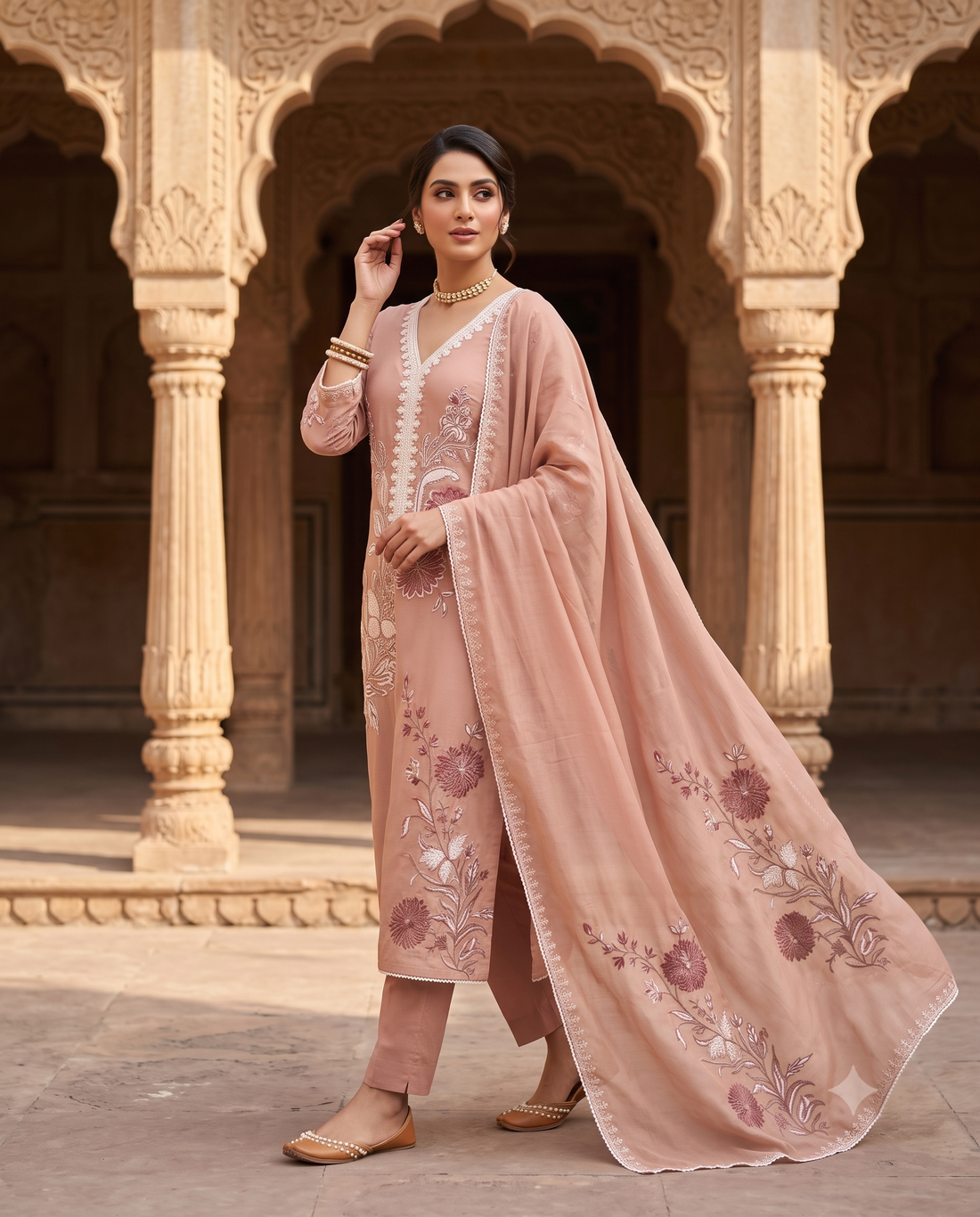 Peach Mul Cotton Unstitched Suit | White Floral Applique Neckline | Matching Applique Mul Cotton Dupatta Women's Suit