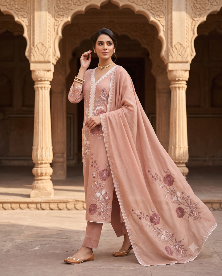Peach Mul Cotton Unstitched Suit | White Floral Applique Neckline | Matching Applique Mul Cotton Dupatta Women's Suit