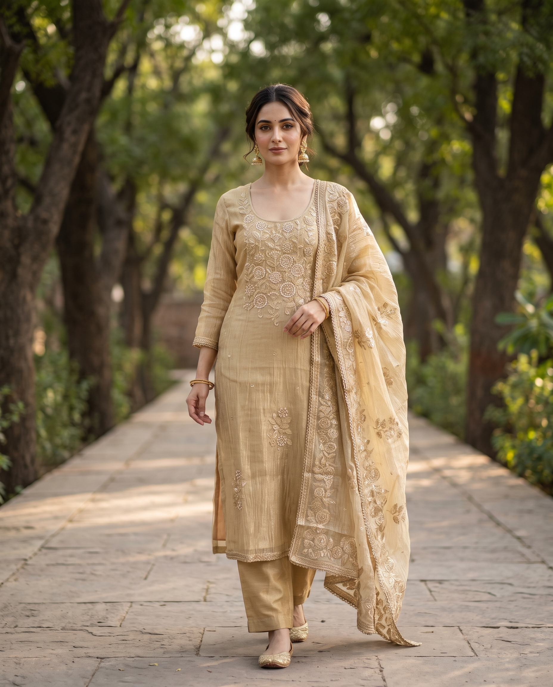 Golden Beige Crush Tissue Unstitched Suit with Pitta Work Neckline