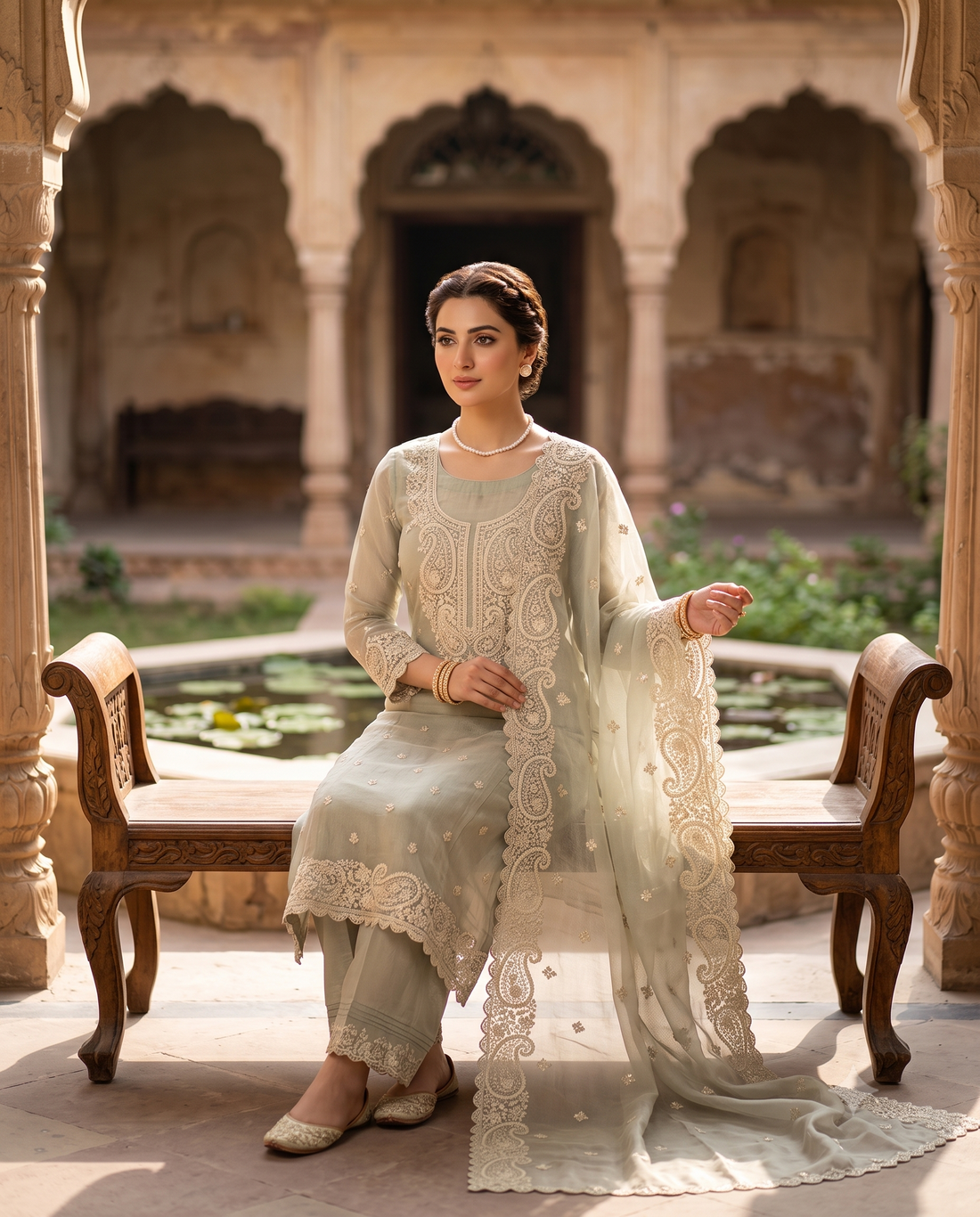 Mint Green Marble Chiffon Unstitched Suit | Paisley Cutdana Sequin Pearl Neckline | Cutwork Border Dupatta Women's Suit