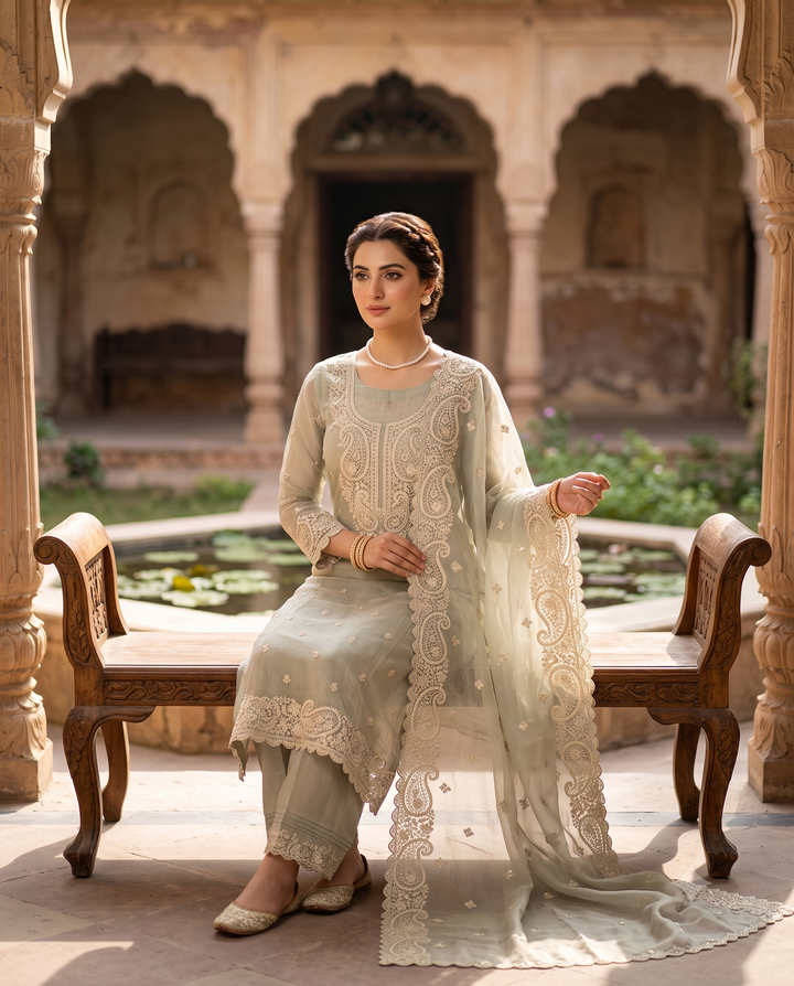 Mint Green Marble Chiffon Unstitched Suit | Paisley Cutdana Sequin Pearl Neckline | Cutwork Border Dupatta Women's Suit