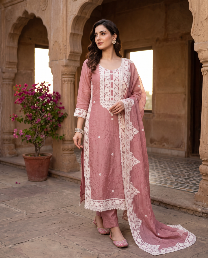 Soft Tissue Unstitched Suit with Thread work on Neck
