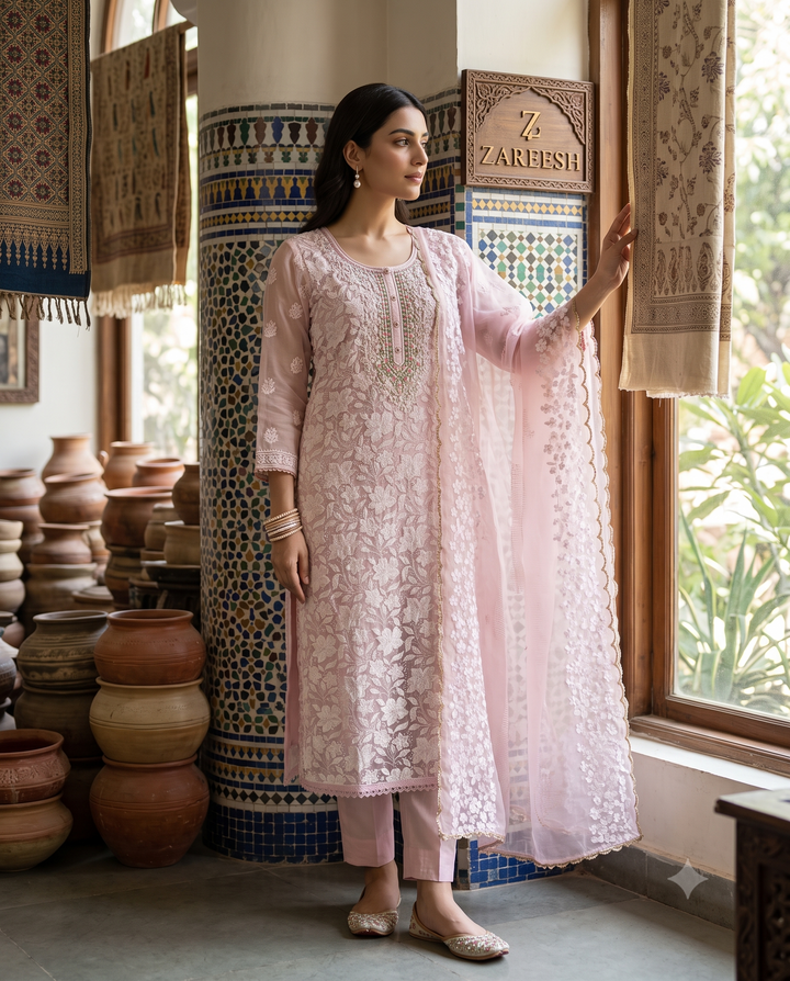 Baby Pink Organza Unstitched Suit | White Floral Applique | Sequin Moti Bead Neckline & Four-Sided Lace Chiffon Dupatta Women's Suit