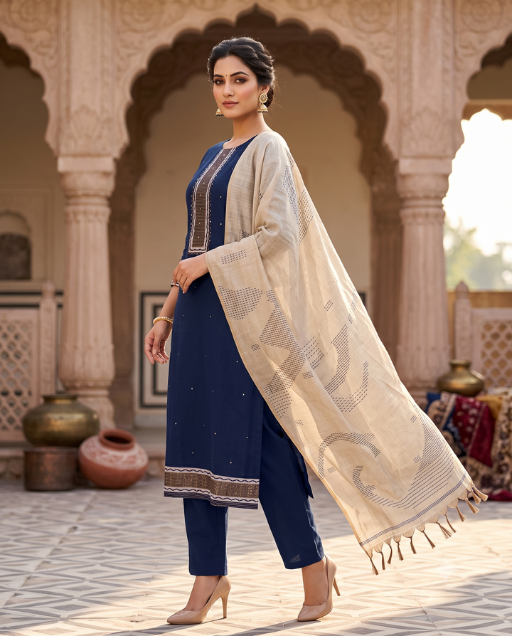 Blue Viscose Mirror Highlight Unstitched Suit Set with Cotton Bottom