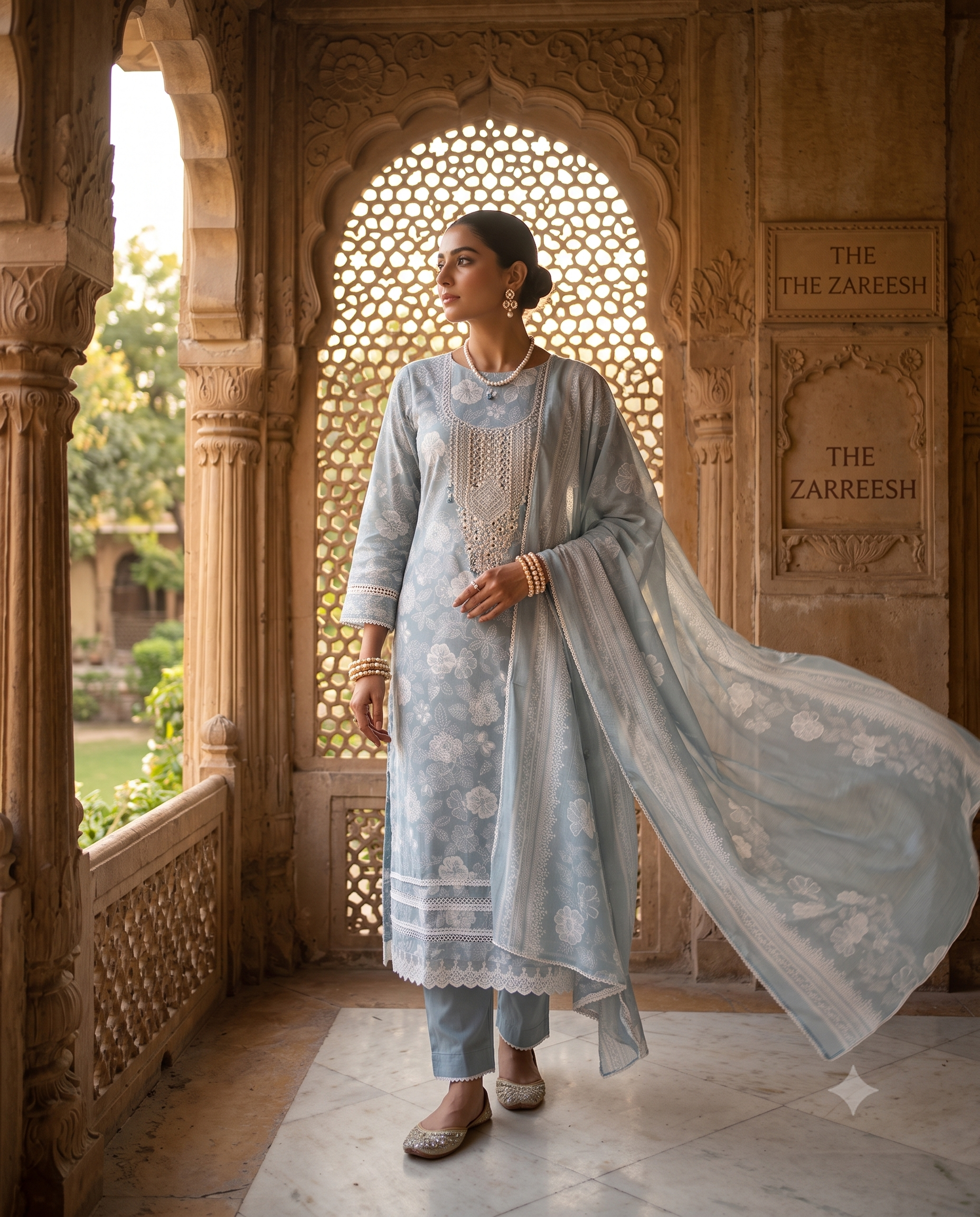 Dusty Blue Yellow Cotton Unstitched Suit | All-Over Floral Print | Mirror Work Sequin Moti Neckline & Lace Hemline Women's Suit