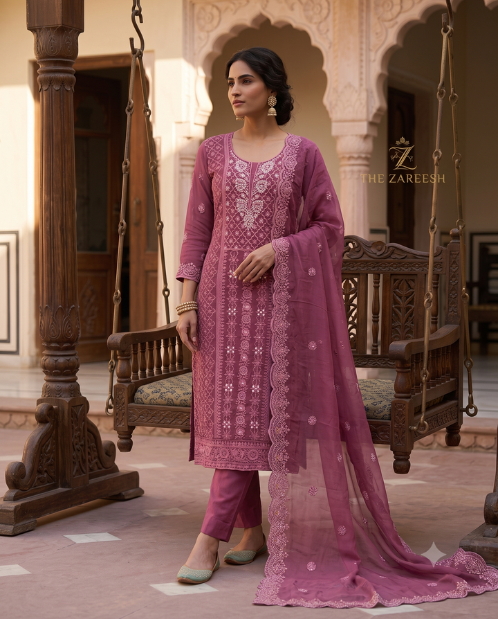 Plum Chikankari Georgette Unstitched Suit Set with Chiffon Dupatta